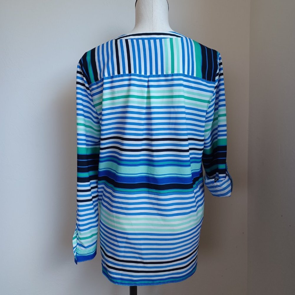 Talbots Blouse Stripe Roll Tab Sleeve Tunic Length Size Large - Picture 3 of 16